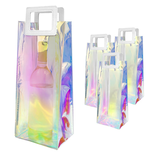TheBarsentials Wine Gift Bags Holographic 3-pack Clear Reusable Wine Bottle Gift Totes with Handles