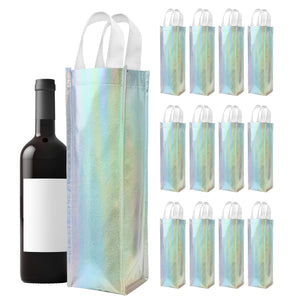 TheBarsentials Wine Gift Bag - 12 Pack Iridescent Reusable Wine Bottle Gift Totes with Handles - 14x4x4.5