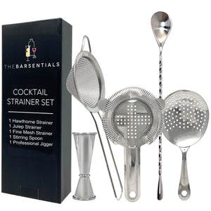 Cocktail Strainer Set with Stainless Steel Stirring Spoon, Hawthorne, Julep, Fine-Mesh Strainer