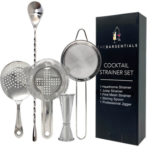 Cocktail Strainer Set with Stainless Steel Stirring Spoon, Hawthorne, Julep, Fine-Mesh Strainer