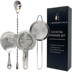 Cocktail Strainer Set with Stainless Steel Stirring Spoon, Hawthorne, Julep, Fine-Mesh Strainer