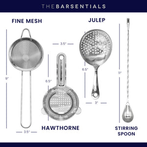 Cocktail Strainer Set with Stainless Steel Stirring Spoon, Hawthorne, Julep, Fine-Mesh Strainer